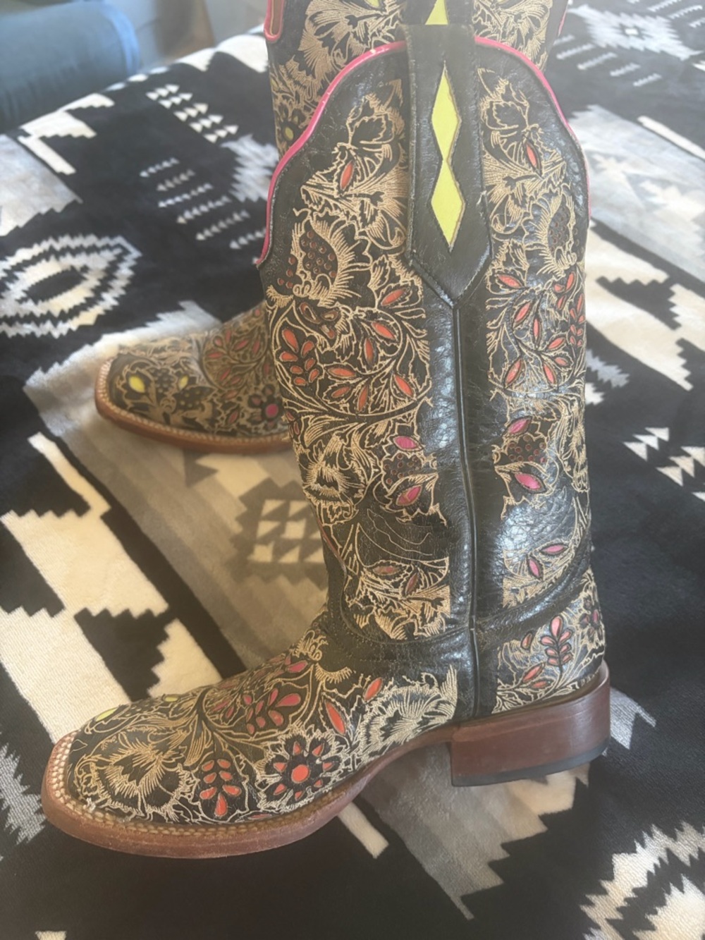 Johnny Ringo Black Floral Embossed Heeled Boots with Pink Accents - Picture 7 of 9